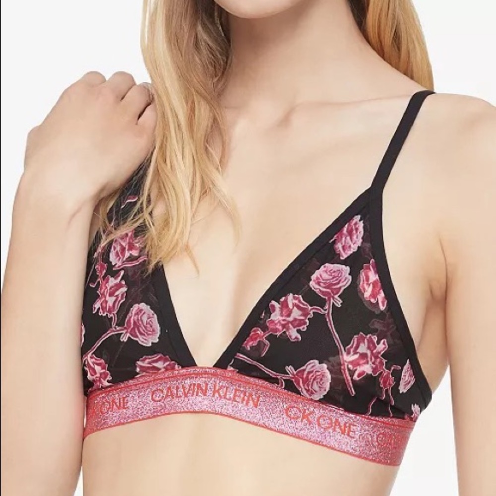 🌱 Calvin Klein CK One Unlined Rose-Print Triangle Bralette - Picture 3 of 3